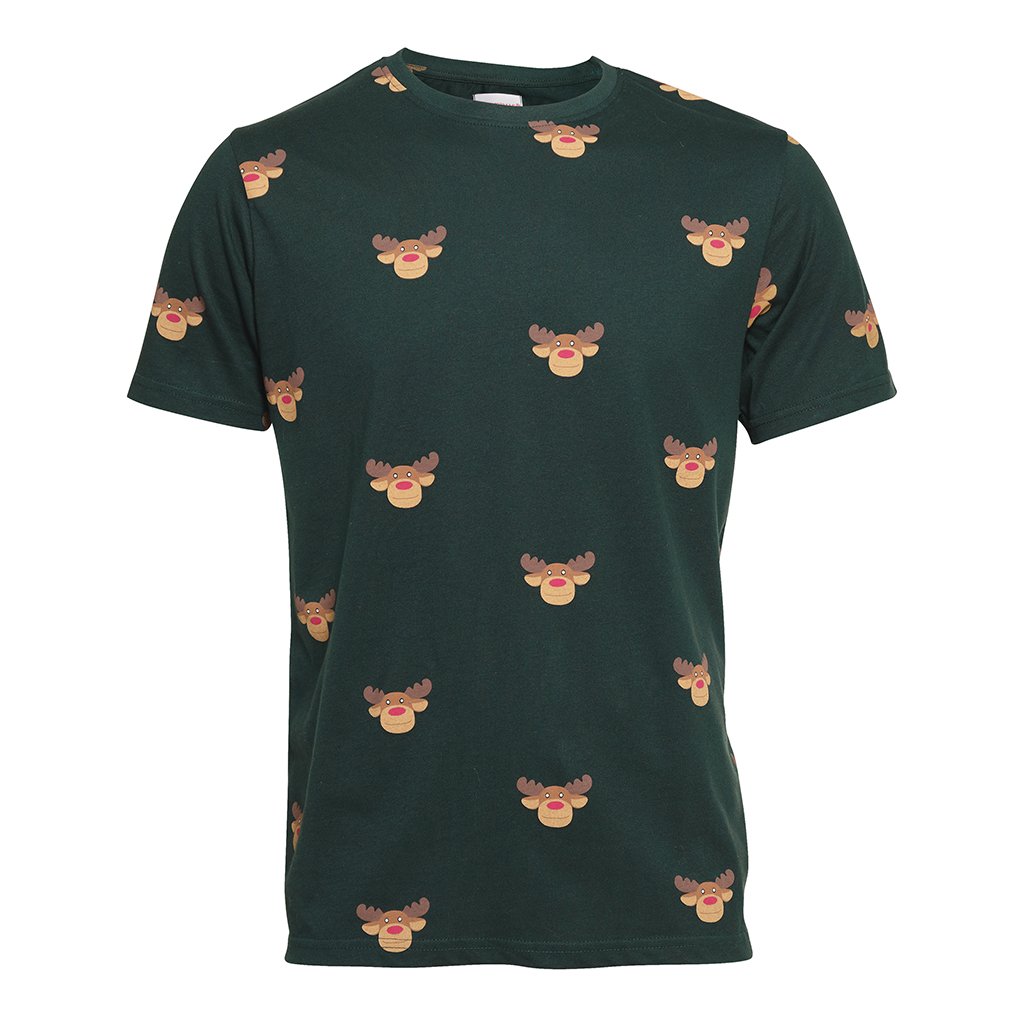 En svart T-shirt med reinsdyr på.